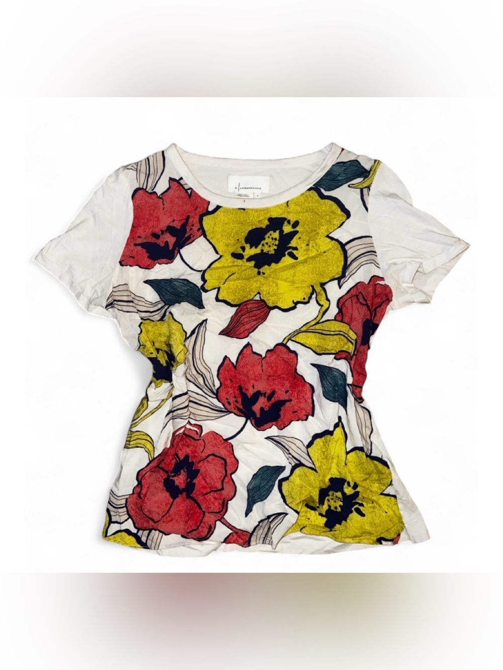 Floral Anthropologie Crewneck Tee - White with Red & Yellow Flowers